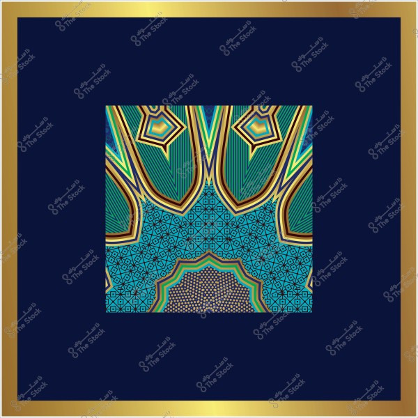 تصميم هندسي ملون يتضمن أنماطاً معقدة مستوحاة من الفن الإسلامي, مع وجود إطار ذهبي وزخرفة باللون الأخضر والأزرق في الوسط.