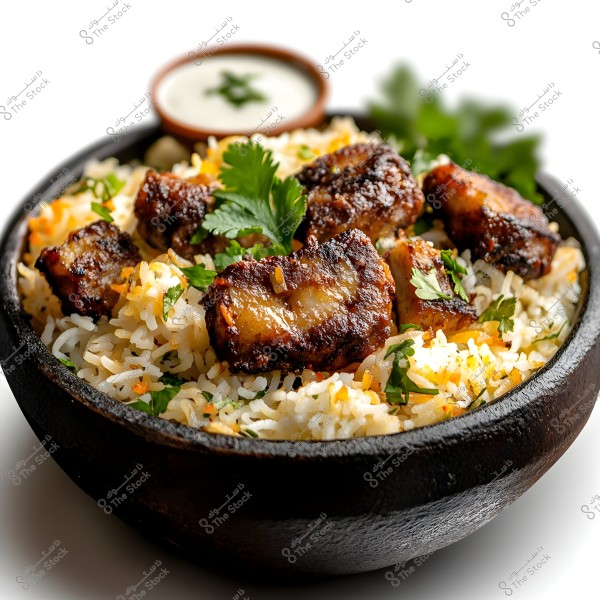 An image of a biryani rice dish topped with pieces of seasoned and cooked meat. The dish is served in a wooden bowl and garnished with fresh cilantro on top. In the background, there is a small bowl containing a white sauce, likely raita or mint yogurt.