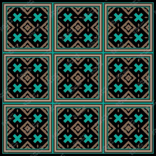 تصميم هندسي مزخرف بتكرار نمط متماثل يستخدم أشكال مربعة وخطوط وزخارف باللونين الأزرق والبني على خلفية سوداء.