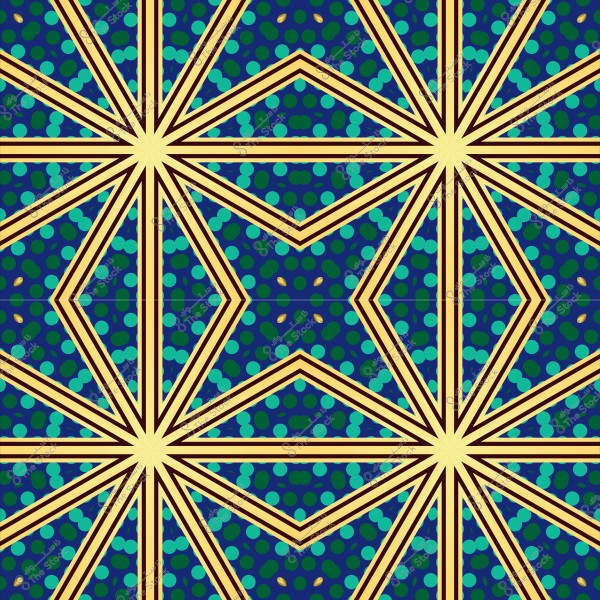 Interlocking geometric pattern with blue and green colors and intersecting golden lines forming stars.