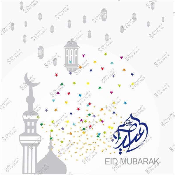 صورة تحتوي على زخارف إسلامية وفوانيس وعبارة \"عيد مبارك\" باللغة العربية والإنجليزية مع نجوم ملونة.