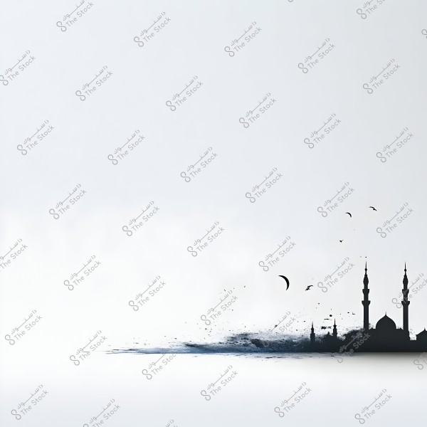 An image depicting a silhouette of a large mosque with minarets and a dome against a light-colored background. A crescent moon and several birds are flying in the sky.