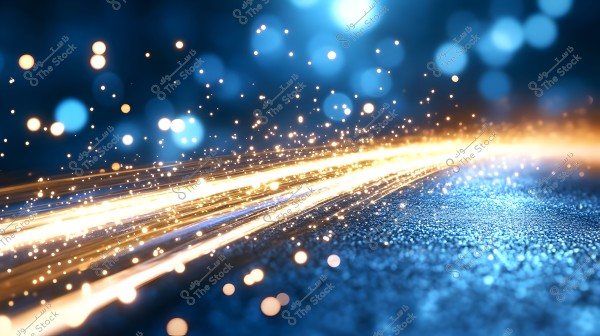 An abstract image showcasing golden light streaks moving across an area with blue light dots in the background, creating a dynamic and poetic effect.