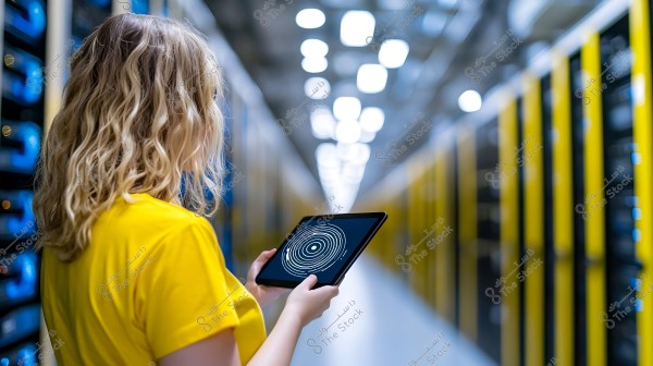 A woman wearing a yellow shirt stands in the aisle of a modern data center. She holds a tablet with a circular pattern displayed on its screen. The floor is shiny and lit by overhead lights, with racks containing electronic equipment on both sides of the aisle.