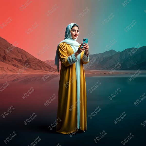 An image of a woman wearing a yellow abaya and white hijab, holding a smartphone. She stands in front of a scenic backdrop with a reflective lake and mountains. The sky is shaded with gradients from red to blue.