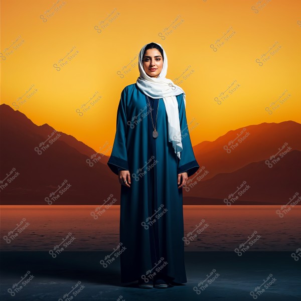 The image shows a woman wearing a blue abaya and a white hijab, standing in front of a stunning mountainous background at sunset. The sky is colored with warm orange hues. The woman is wearing a long necklace and appears in the photo with a calm smile.