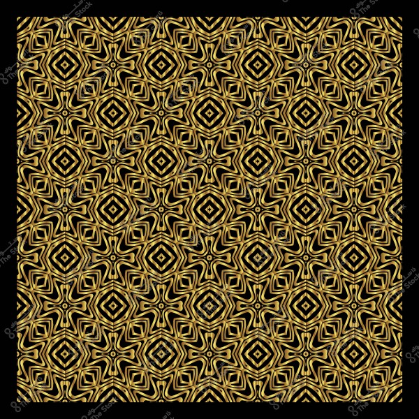 Geometric decorative pattern in gold and black with repeating star and diamond shapes.
