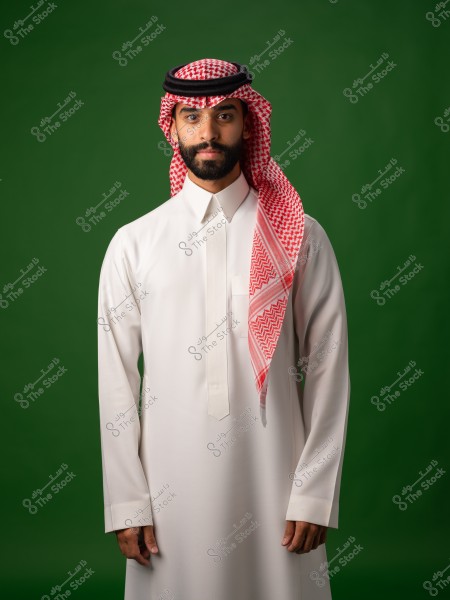 رجل يرتدي الزي السعودي التقليدي المكون من ثوب وغترة وعقال على خلفية خضراء.