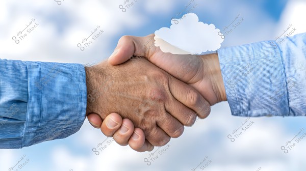 Image of a handshake between two individuals wearing blue shirts against a cloudy sky background. The hands are clasped firmly, symbolizing agreement and partnership.