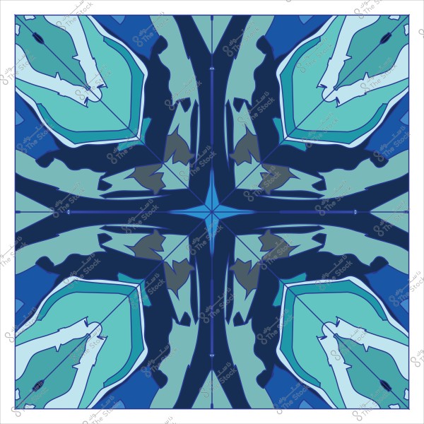 Symmetrical geometric design with varied blue and green colors resembling leaves in an artistic decorative pattern.