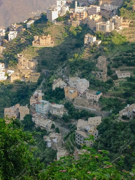 صورة لقرية جبلية بمحافظة فيفاء بمنطقة جازان جنوب المملكة العربية السعودية بمنطقة جبلية في السعودية. تظهر المباني متناثرة على منحدرات الجبال الخضراء, مع تدرجات نباتية واضحة. المباني تتنوع في الألوان بين الأبيض والبيج والألوان الترابية, وتُرى الطرق الضيقة تتعرج بين المنازل. النباتات الخضراء تحيط بالمباني وتزيد من جمال الطبيعة المحيطة.