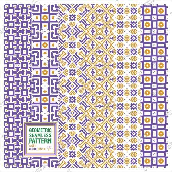 Geometric seamless patterns in purple and orange on a white background.