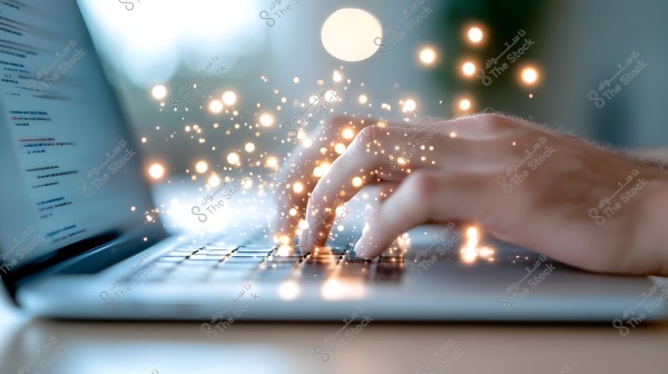 A hand typing on a laptop keyboard with bright lighting effects illustrating the concept of modern technology and creativity. The background is blurred with bright colors.