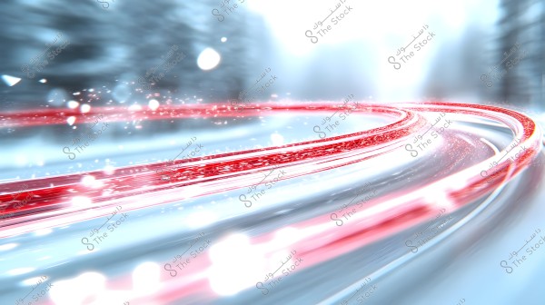 An image of a long winding road depicted as a glowing light trail in red. The background is blurred, giving a sense of rapid movement. Snow is visible on the sides of the road, suggesting a winter environment or a mountainous adventure.