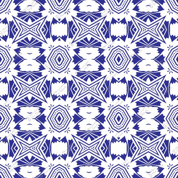 نمط هندسي متكرر باللونين الأزرق والأبيض يحتوي على أشكال نجمية وسداسية. تتشابك الأنماط بشكل متناظر, مما يخلق تأثيرًا متكررًا في جميع أنحاء الصورة.