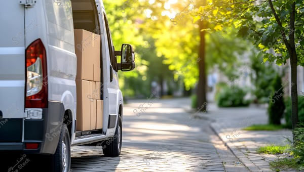 An image of a white van parked on a cobblestone street, with its back doors open and loaded with cardboard boxes. It is surrounded by leafy trees and green shrubs, with sunlight filtering through the foliage.