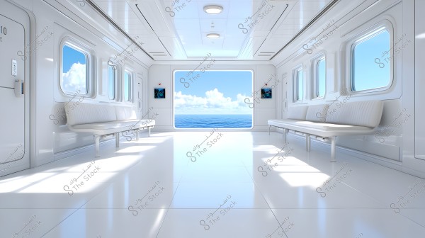An image of a modern train interior with glossy white floors and walls. There are cushioned white seats on both sides, and large windows offering a view of the blue sea and white clouds. The interior design reflects a futuristic and clean look with bright natural lighting.