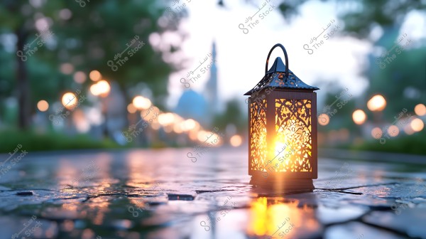 A decorative lantern emitting light, placed on a glossy stone pathway. The ambient dim lights enhance the overall atmosphere, adding a sense of warmth and welcome, with green trees in the background and distant soft lights suggesting evening or early night.