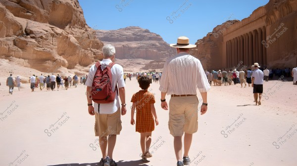 A scene of a group of people walking through a desert-like area toward rocky mountains. Two adults and a child are in the foreground wearing summer clothing, with the person on the left carrying a red backpack. The sky is clear blue, and the location appears to be an archaeological site.