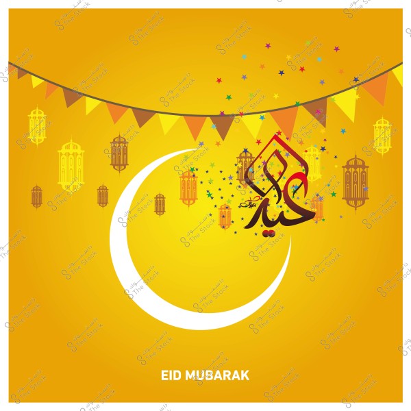 صورة تهنئة بالعيد تتضمن هلال أبيض وأضواء ملونة وزينة بأنوار فوانيس, مع عبارة \"عيد مبارك\" بالعربية والإنجليزية على خلفية صفراء.