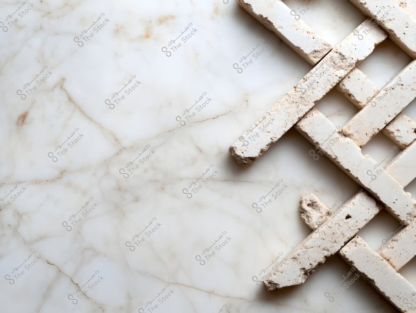 Image of a light marble surface overlaid with small, rectangular stone slabs arranged in a crisscross pattern. The marble is white with brown veins and small spots of natural erosion.