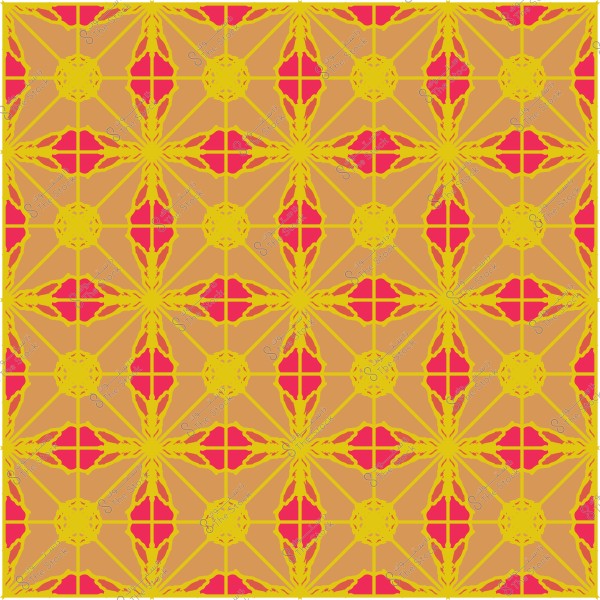 نمط زخرفي هندسي متكرر بألوان برتقالية وصفراء على خلفية حمراء.