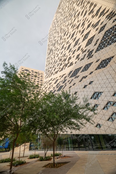 An image of two modern buildings with advanced geometric design featuring triangular patterns on their facades. Green trees adorn the foreground, and the buildings\' beige surfaces stand out against the cloudy sky background.