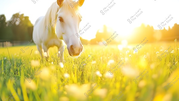 Image of a white horse standing in a vibrant grassy field during sunset with golden sunlight filling the scene, giving a warm glow to the grass and small wildflowers.