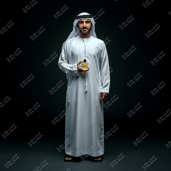 An image of a man wearing traditional white attire with a ghutra and agal. The man is standing facing the camera, holding a perfume bottle in his right hand. The background is dark, highlighting the details of the clothing and the perfume bottle. The man has a slight smile and the lighting is focused on him, enhancing the details.