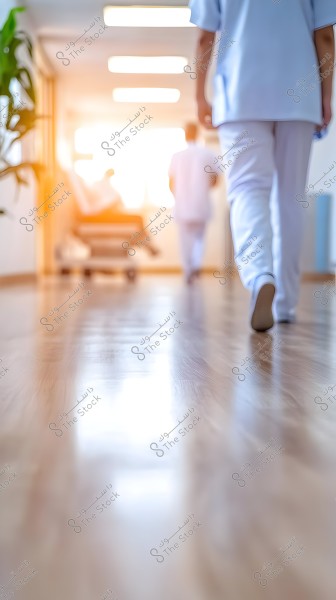 Image of a hospital hallway showing a person in white medical attire walking away from the camera towards bright light in the background. Another person is visible in the background pushing a hospital bed. The floor is shiny, and a green plant is visible on the left side.