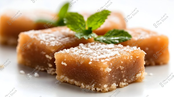 Square-shaped brown sweets topped with powdered sugar and garnished with green mint leaves, placed on a shiny white plate.