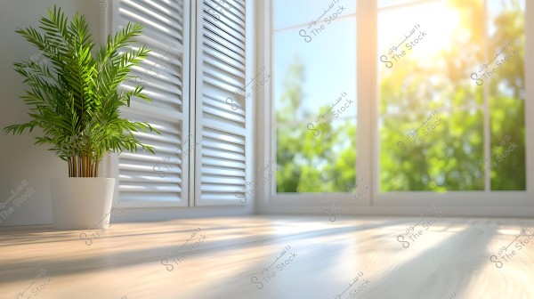 A small palm in a white pot next to a large window with sunlight illuminating the room. The view outside shows greenery and trees. The wooden floor adds a calm and cozy atmosphere.