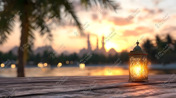 A sunset scene with a distant mosque silhouette featuring minarets against a colorful sky. In the foreground, a lit traditional lantern is placed on a wooden surface, with blurred palm trees in the background.
