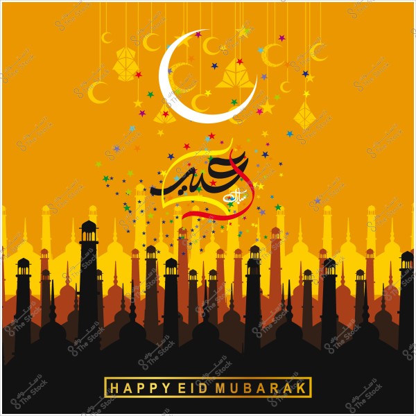 تصميم يجمع بين الهلال والمساجد مع عبارة "عيد مبارك" بالعربية و"Happy Eid Mubarak" بالإنجليزية على خلفية ذهبية.