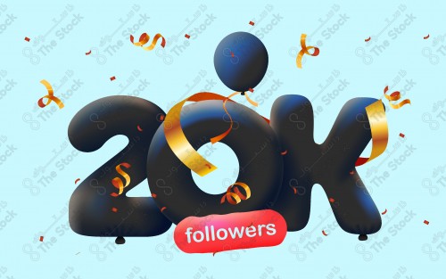 Banner with 20K followers thank you in form of 3d  balloons and colorful confetti. Vector illustration 3d number for symbolizing the colors Tiktok, to express thanks to the followers