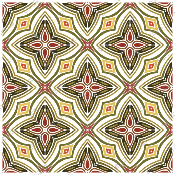 نمط زخرفي هندسي بألوان دافئة تشمل الأخضر والبرتقالي والأصفر والأحمر بتفاصيل متكررة.