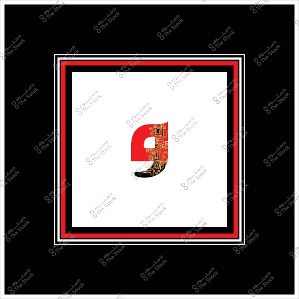 حرف "ج" مصمم بأسلوب معاصر بألوان الأحمر والأسود والزخارف الذهبية, داخل إطار مزين.