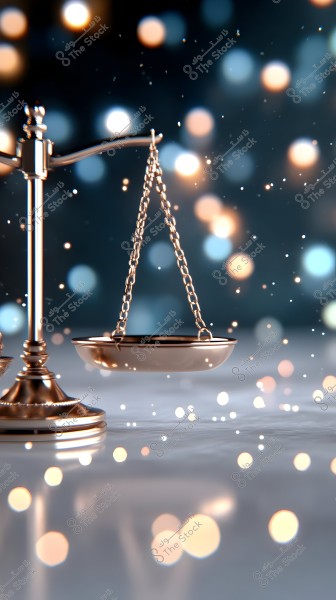 Image of golden scales of justice against a dark blurred background adorned with soft, shimmering lights. The lights evoke a sense of elegance and balance.