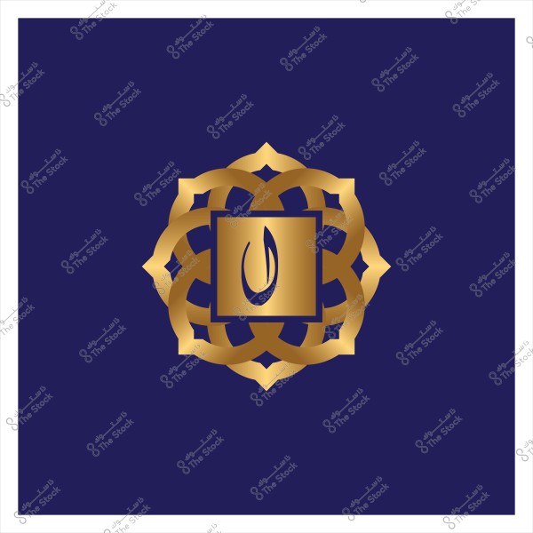 The image features an intricate golden geometric shape centered on a dark blue background. The design consists of an interwoven circular pattern with a square in the middle, containing an Arabic letter.
