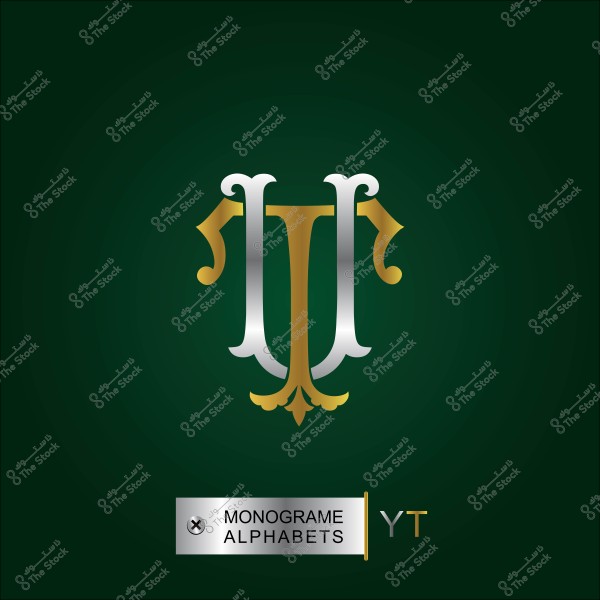 Intricate monogram logo with interlocking letters in silver and gold colors on a dark green background.
