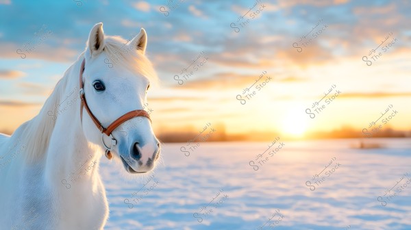 An image of a beautiful white horse in a snowy field looking towards the camera. The golden sunlight in the background casts a warm glow over the scene, with blue skies and soft clouds on the horizon.