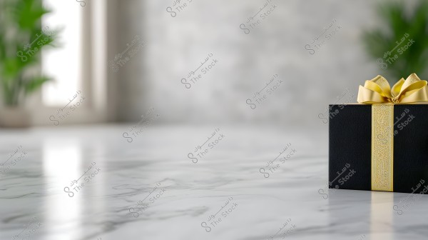 An image featuring a gift box elegantly wrapped in black paper and tied with a golden ribbon, placed on a white marble surface. In the background, there are green plants in pots near a window illuminated by natural light.