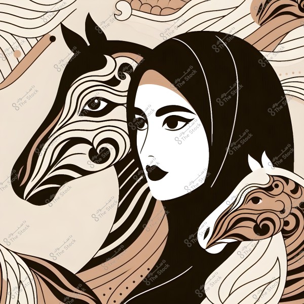 Illustrative artwork depicting a woman wearing a hijab, surrounded by horses adorned with decorative patterns. The background features curved lines and swirling shapes in earthy tones, complementing the overall style of the image. The artistic style suggests a traditional Arabic theme.