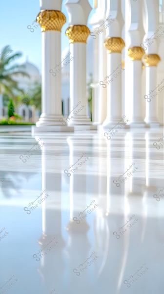The image shows a series of white columns with ornate gold designs at the top. These columns are reflected on a polished marble floor, with a white dome and palm trees in the background, suggesting traditional Islamic architectural design in an impressive setting.
