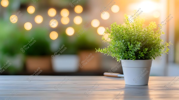 An image of a small ornamental plant with green leaves in a white pot placed on a wooden surface. The background is blurred with twinkling circular lights, creating a warm and cozy atmosphere, enhanced by soft sunlight.