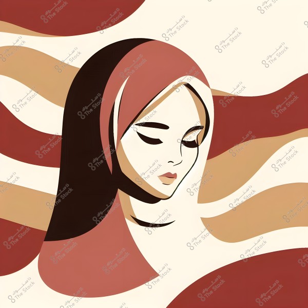 Stylized illustration of a female portrait showing a woman wearing a hijab in warm colors like brown and red. The stylized artwork features smooth lines and an abstract pattern, with closed eyes that convey calmness and tranquility. The background features gradients of harmonious colors that complement the hues used in the hijab.