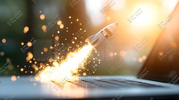 A small toy-like rocket launches from a laptop keyboard. It is surrounded by sparkling lights resulting from the launch, and the scene is illuminated by a warm golden light filling the background.