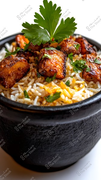 Image of a black bowl filled with white rice topped with pieces of grilled meat garnished with green herbs like cilantro. Decorative green leaves are displayed on top, adding a touch of color to the dish.