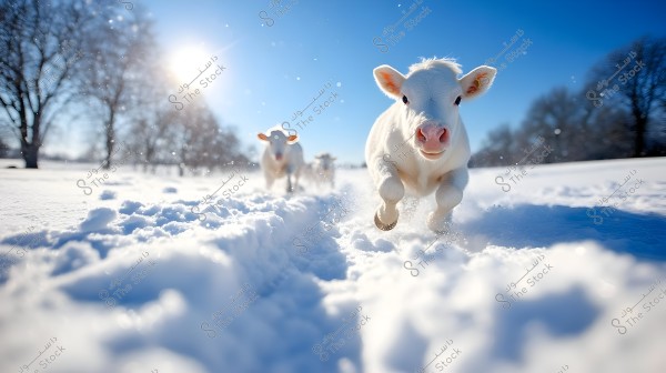 Image of a young calf running through the snow on a sunny day. In the background, two other calves are visible along with bare trees against a clear blue sky, with the sun illuminating the scene.
