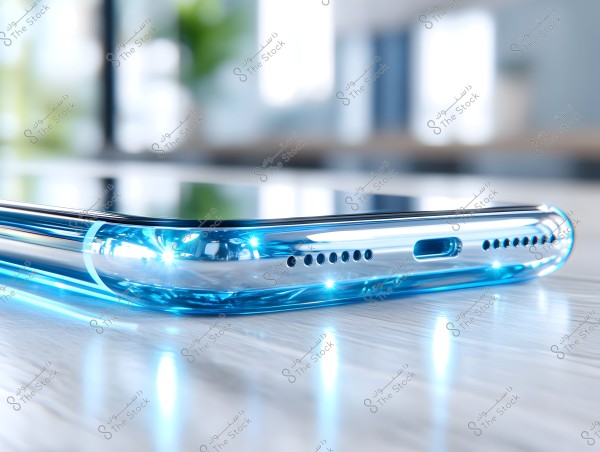 Image of a sleek smartphone on a wooden surface, featuring a transparent frame and sides illuminated with blue lights. The device\'s design shows the ports and speakers at the bottom, with a radiant effect highlighting the modern elegance of the phone. The background is blurred, suggesting a bright office environment.